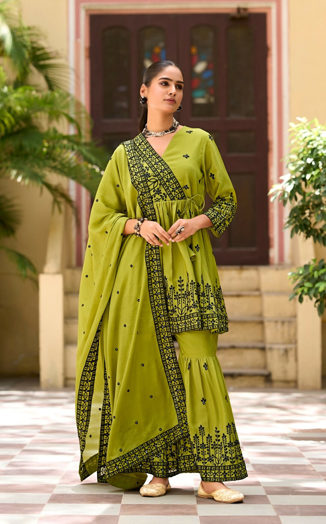 Anaita Mehendi Chinon Readymade Sharara Suit with Embroidery Work - Distacart