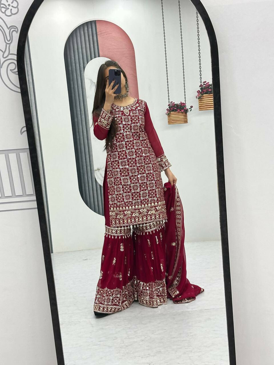 Teeya Creation Womens New Heavy Fox Georgette Fabric With Heavy Embroidery Work Red Kurta Set - Dista