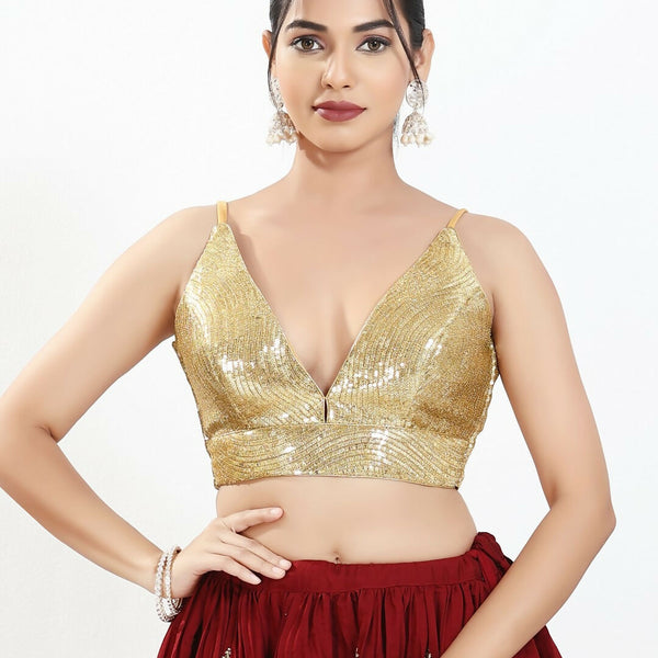 Joban Fashion Gold Sequins Padded Blouse With V Neck Sleeveless - Distacart