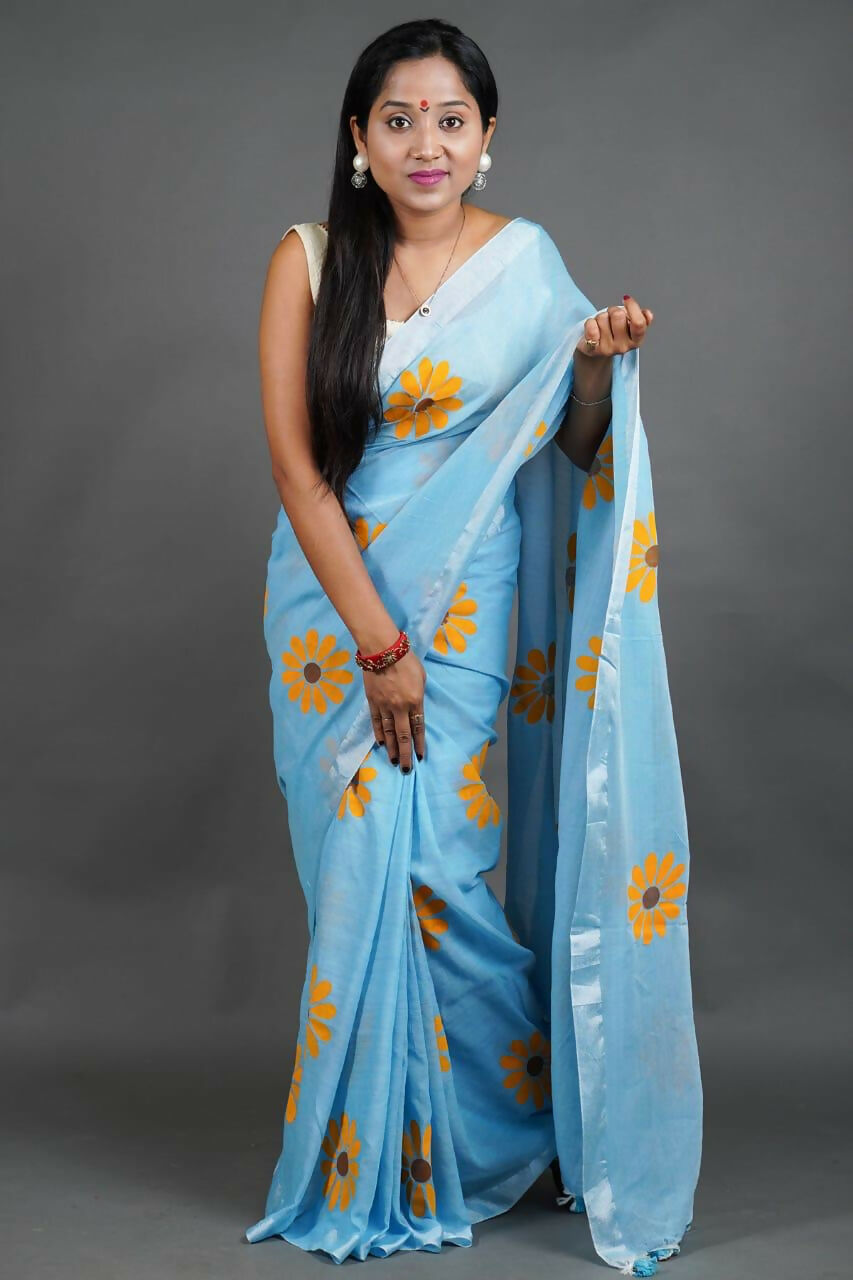 Exclusive Collection Sky Pure Cotton Saree With Sunflower Design