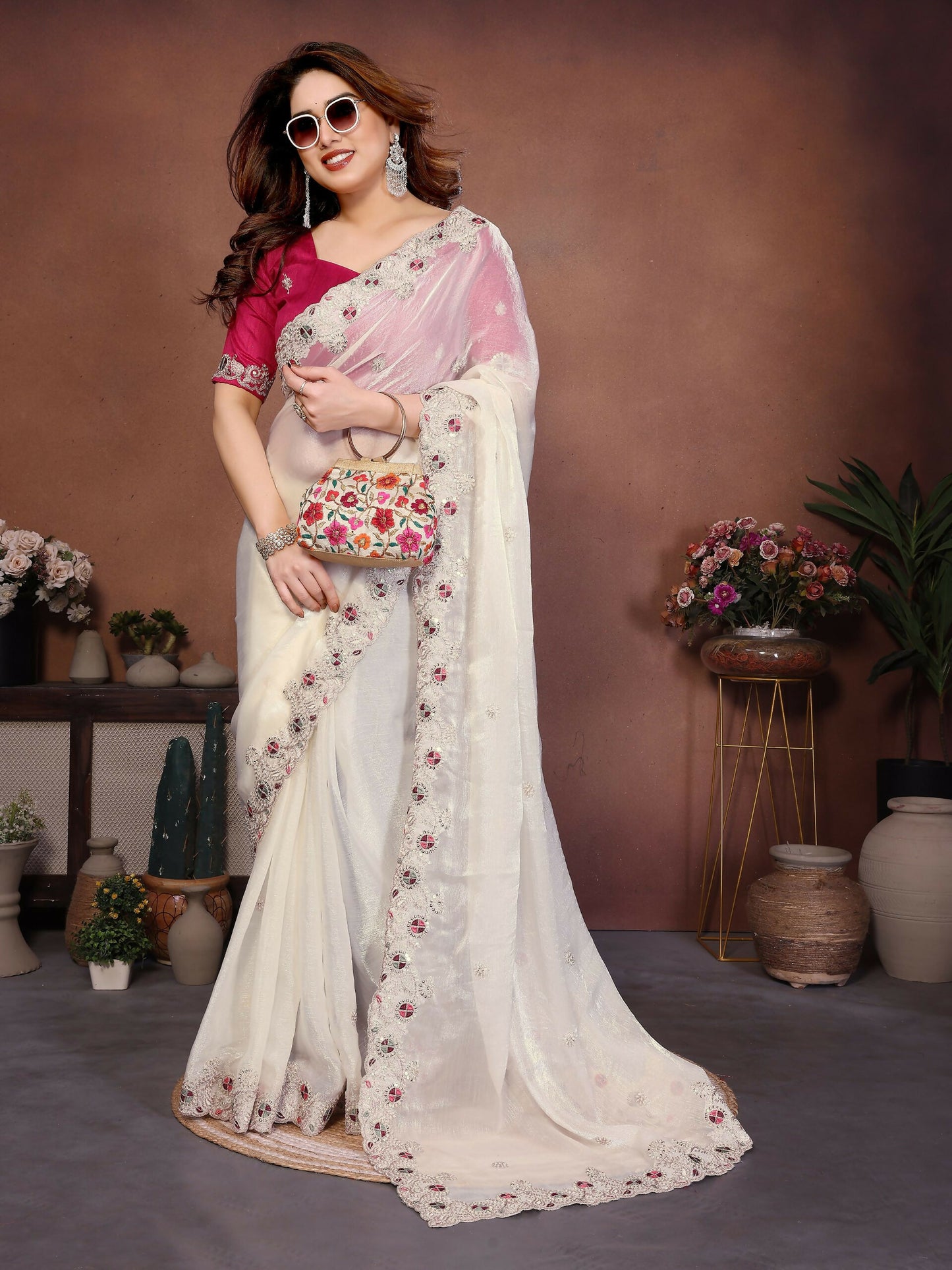 Teeya Creation New Womens Latest Party Wear Soft Chiffon Silk Saree-White - Dista