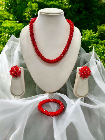 Inhanns Complete Look Crystal Statement 3-Piece Set (Adjustable Necklace + Earrings + Adjustable Bangle ) - Red - Distacart
