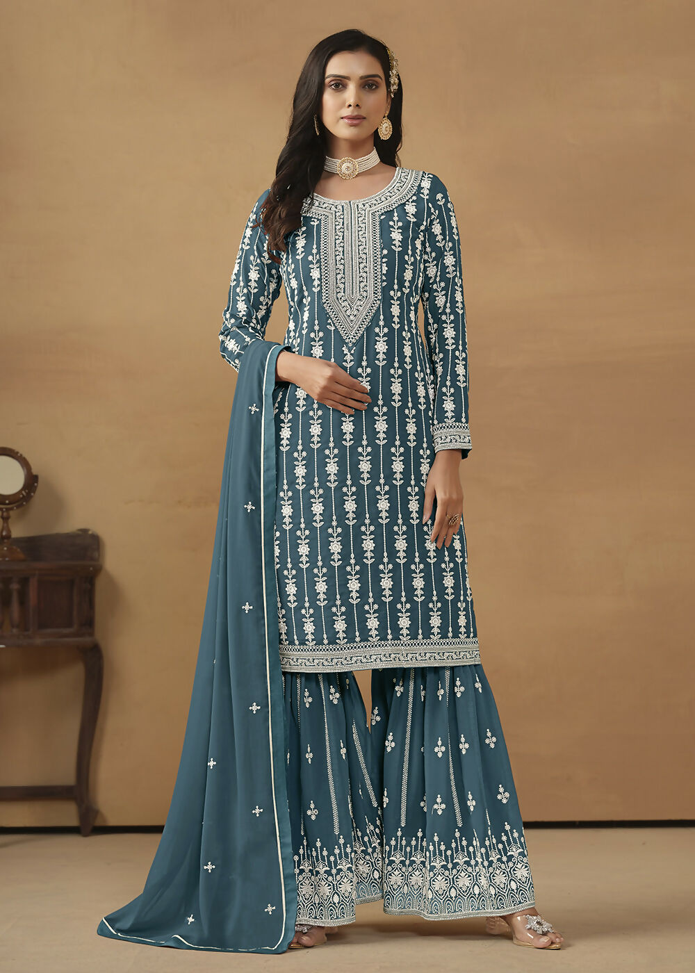 Radiant Teal Embroidered Wedding Festive Gharara Suit - Emponline - Distacart