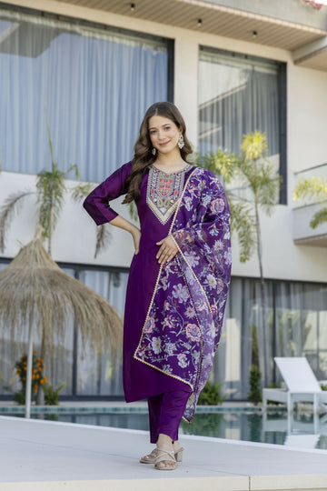 The52 Women's Gorgeous Embroidery Work Chanderi Cotton Fabric Straight Kurta Pant and Dupatta Set-Purple - Dista