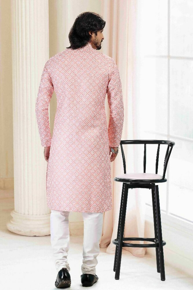 Raivat Ethnic Cotton Thread Work Kurta Pajama In Peach Colour - Dista