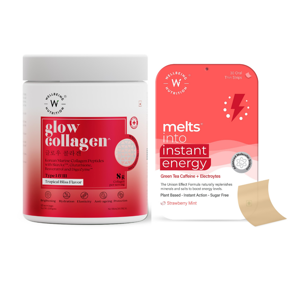 Wellbeing Nutrition Glow Korean Marine Collagen Peptides & Melts Instant Energy Oral Strips Combo - Distacart