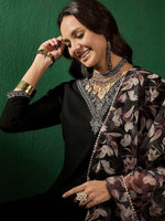 Thumbnail for Sangria Ethnic Motifs Yoke Design Sequinned V-Neck Straight Kurta With Trouser & Dupatta