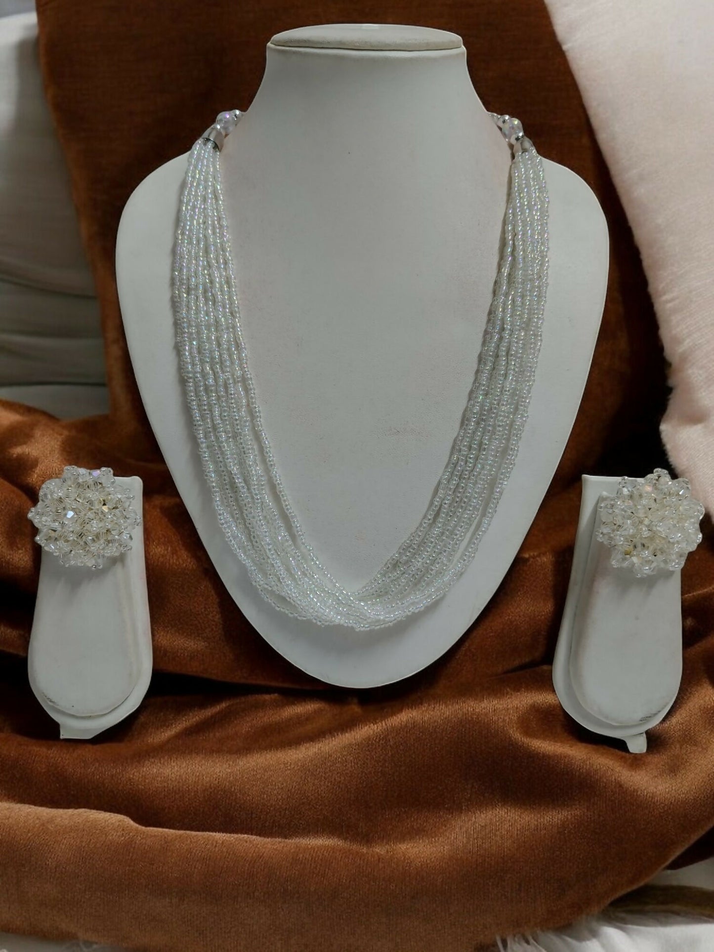 Inhanns Bloom Handmade Beaded Necklace With Earrings - 12 Layers - Ivory - Distacart
