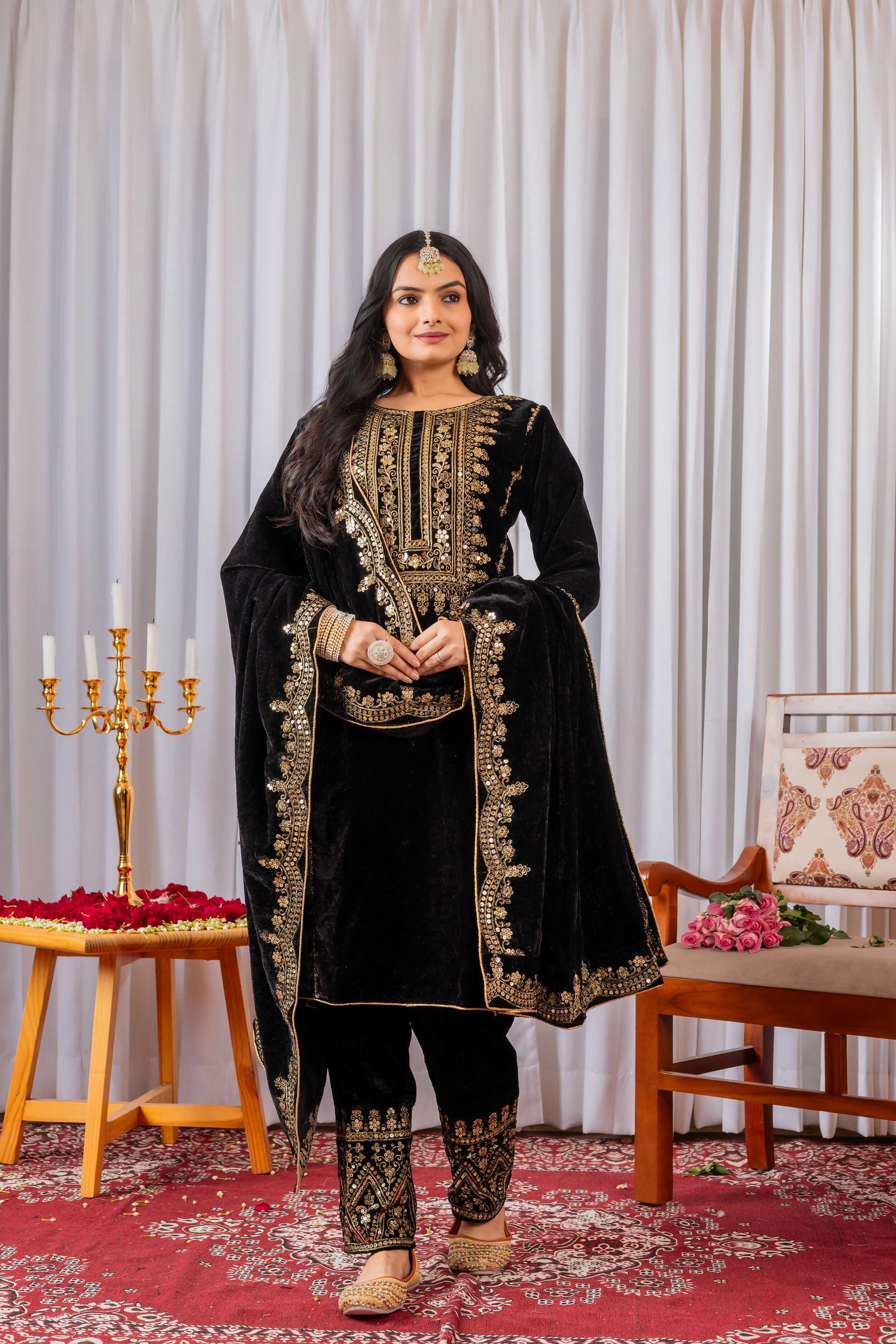 Teeya Creation Black Color Velvet Designer Embroidery Work party Wear Suit