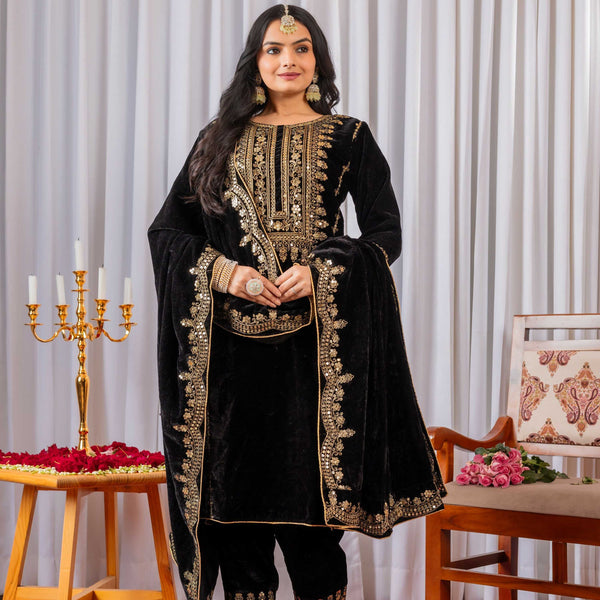 Teeya Creation Black Color Velvet Designer Embroidery Work party Wear Suit - Distacart