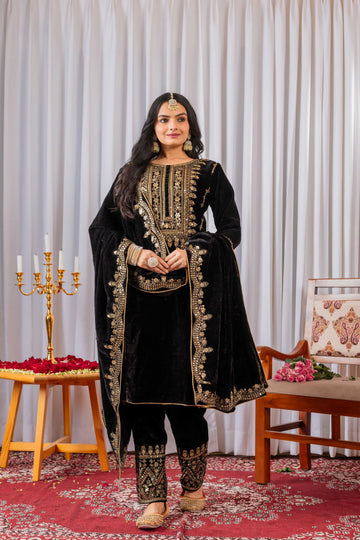 Teeya Creation Black Color Velvet Designer Embroidery Work party Wear Suit - Distacart