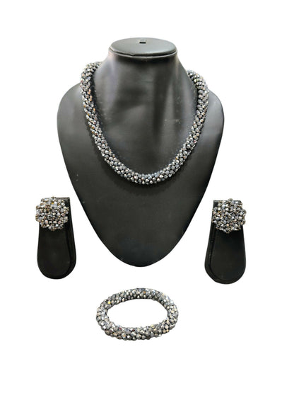 Inhanns Complete Look Crystal Statement 3-Piece Set (Adjustable Necklace + Earrings + Adjustable Bangle ) - Silver - Distacart