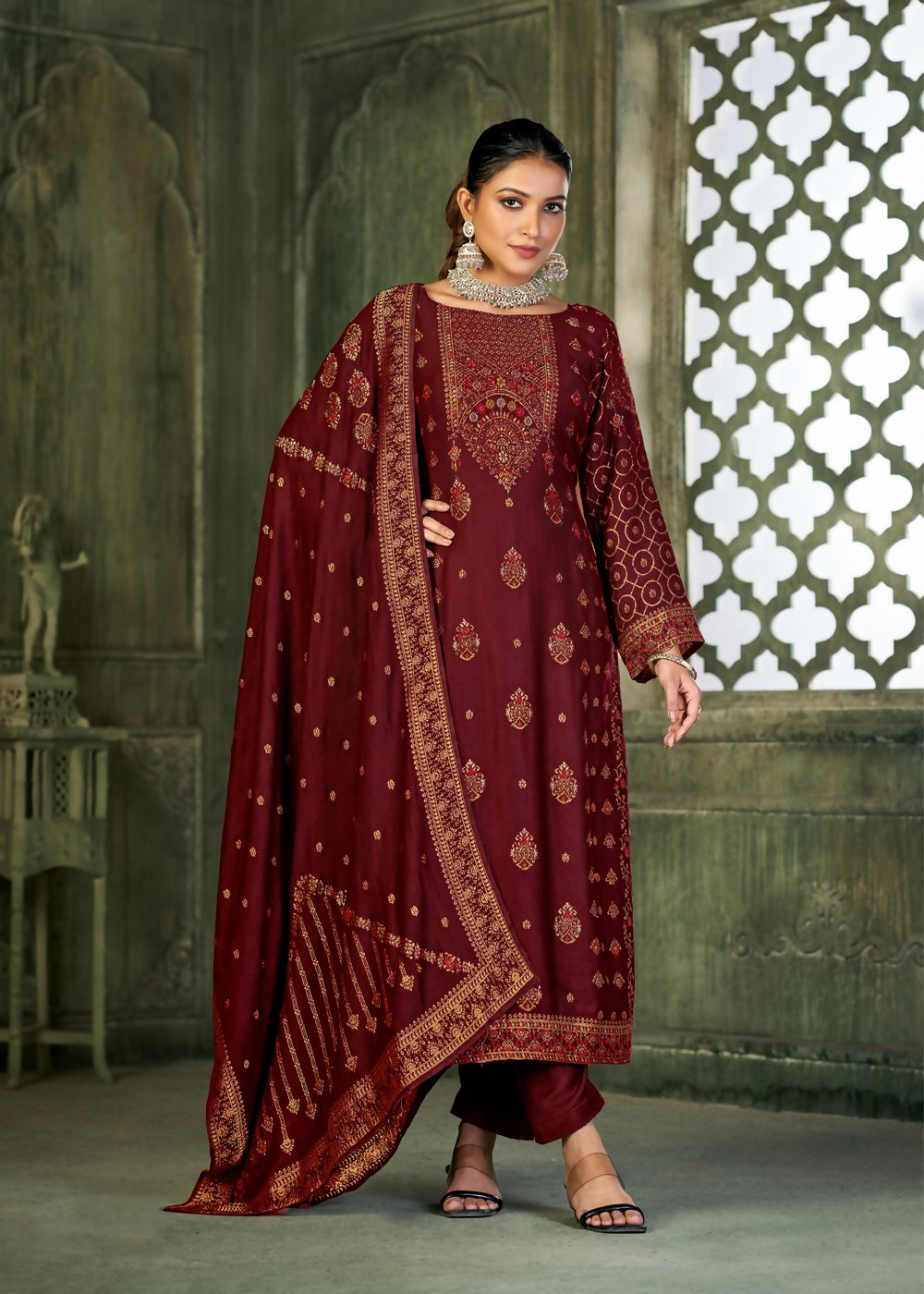 Maroon Viscose Pasmina Mina Work Kurta & Bottom with Dupatta - Natasha - Distacart