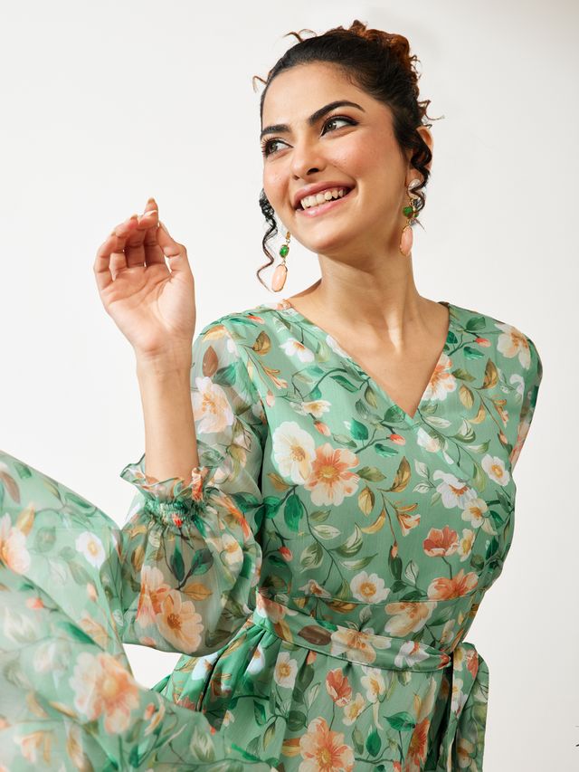 Janasya Mint Fit & Flare Chiffon Dress - Dista