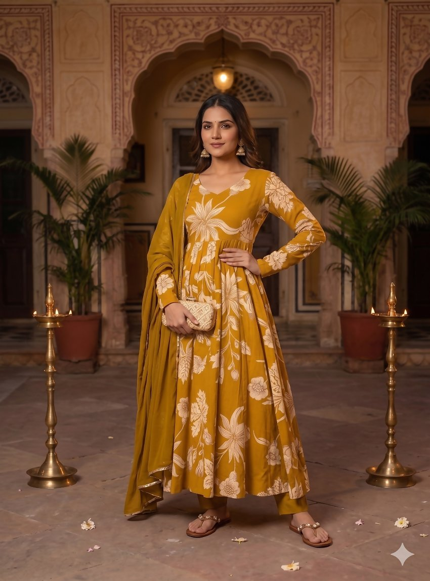 Teeya Creation Mustard Yellow Floral Printed Anarkali Kurta With Pant And Dupatta - Dista