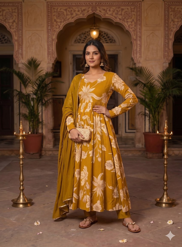 Teeya Creation Mustard Yellow Floral Printed Anarkali Kurta With Pant And Dupatta - Dista