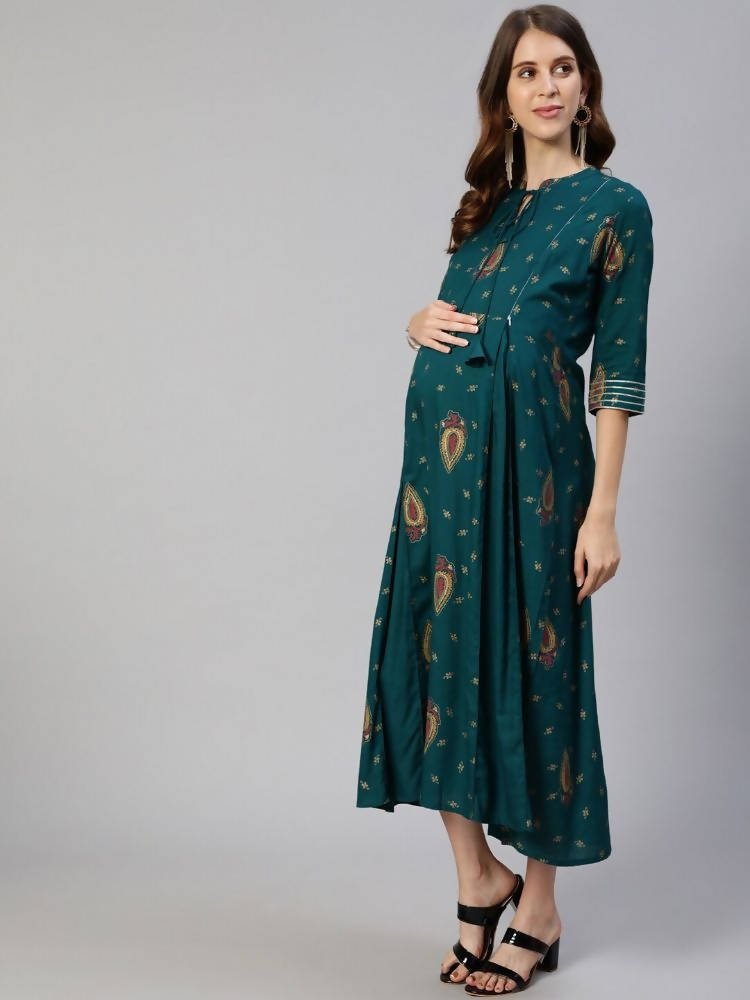 Anubhutee Teal Green Ethnic Motifs Tie-Up Neck Maternity A-Line Midi Dress - Distacart