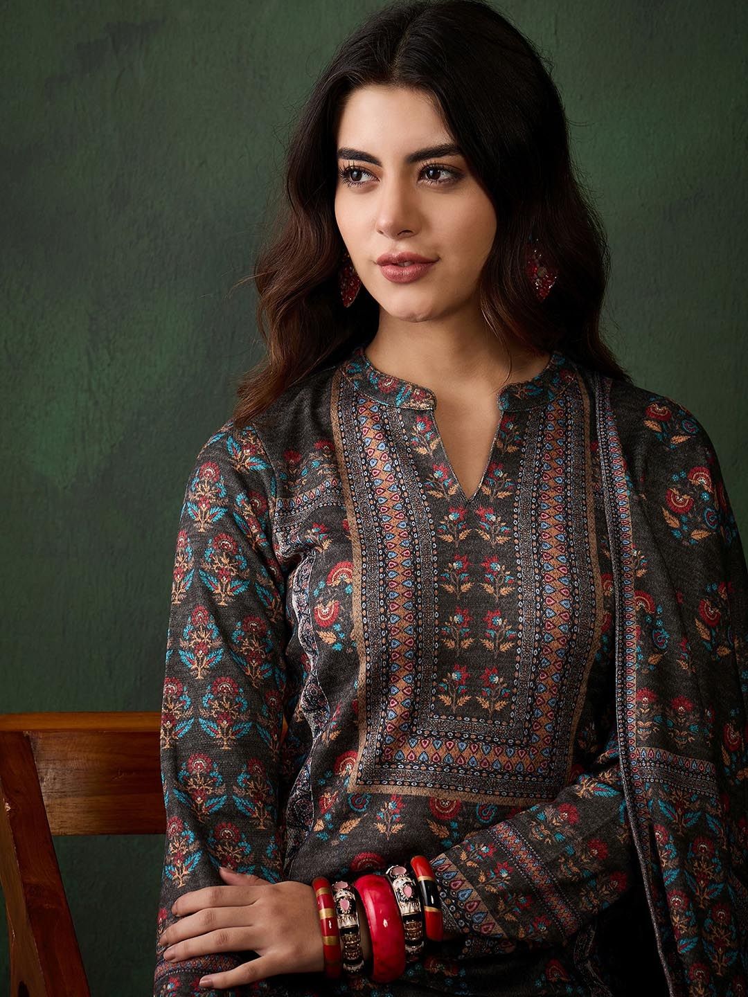 Sangria Self Design Winter Pashmina Straight Kurta & Trouser With Dupatta - Distacart