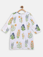 Thumbnail for Ahalyaa White Cotton Straight Floral Printed Kids Kurta Pant Sets With Dupatta For Girls - Distacart