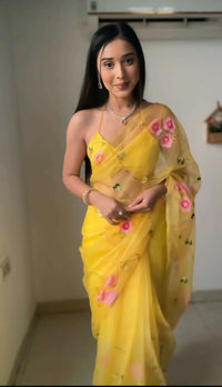 Thumbnail for Malishka Organza Silk Printed Ready To Wear Saree With Blouse Piece - Yellow - Distacart