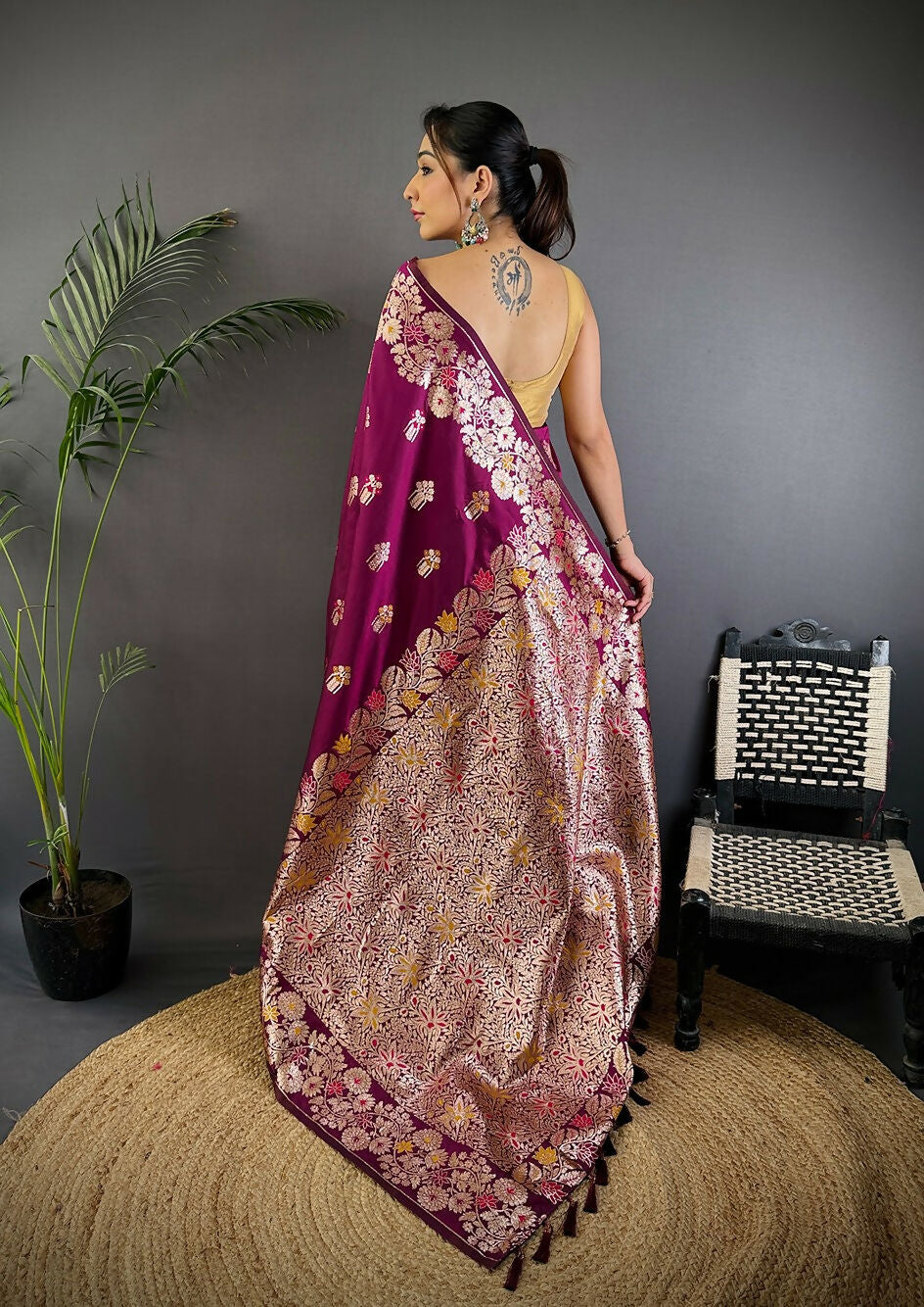 Joban Fashion Meenakari Maroon Woven Soft Silk Saree