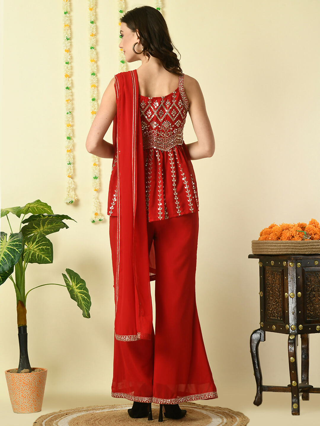 Myshka Women's Red Georgette Top & Palazzos With Dupatta Party Sets - Distacart