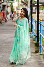 Thumbnail for Seagreen Pure Linen Ethnic Motifs Saree with Unstitched Blouse - A2M