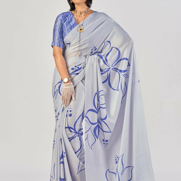 Vastranavya Sea Blue Satin Silk Elegant Printed Saree with Unstitched Blouse - Distacart