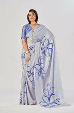 Thumbnail for Vastranavya Sea Blue Satin Silk Elegant Printed Saree with Unstitched Blouse - Distacart