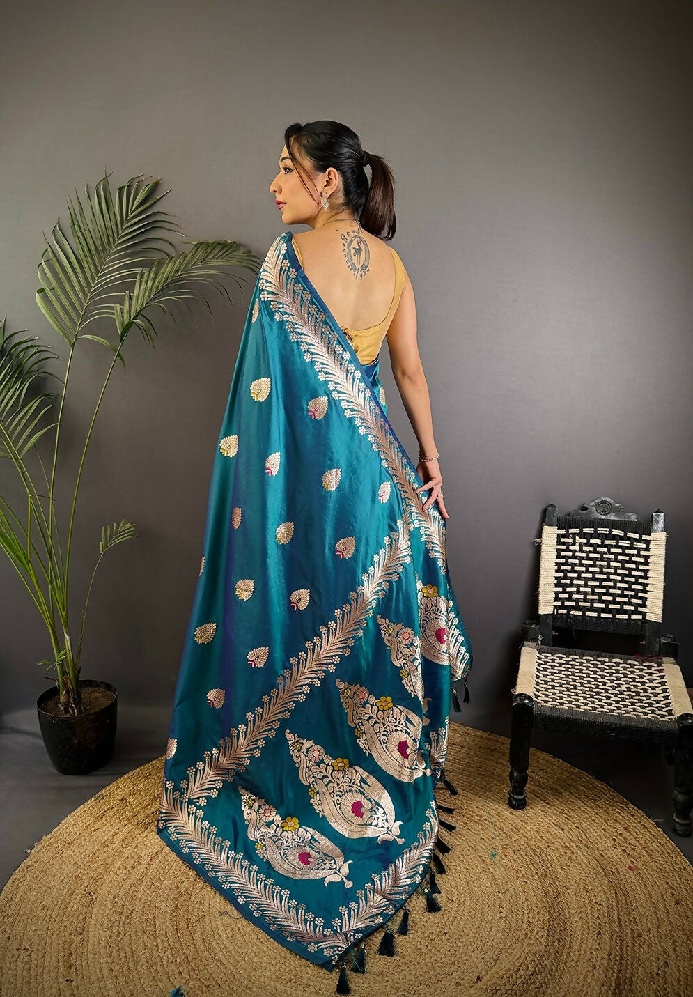 Joban Fashion Banarasi Sea Blue Woven Soft Silk Saree