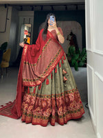 Thumbnail for Vastranavya Floral Print With Foil Print Tussar Silk Lehenga with Unstitched Blouse - Mehendi - Distacart