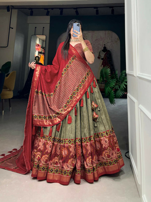 Vastranavya Floral Print With Foil Print Tussar Silk Lehenga with Unstitched Blouse - Mehendi - Distacart