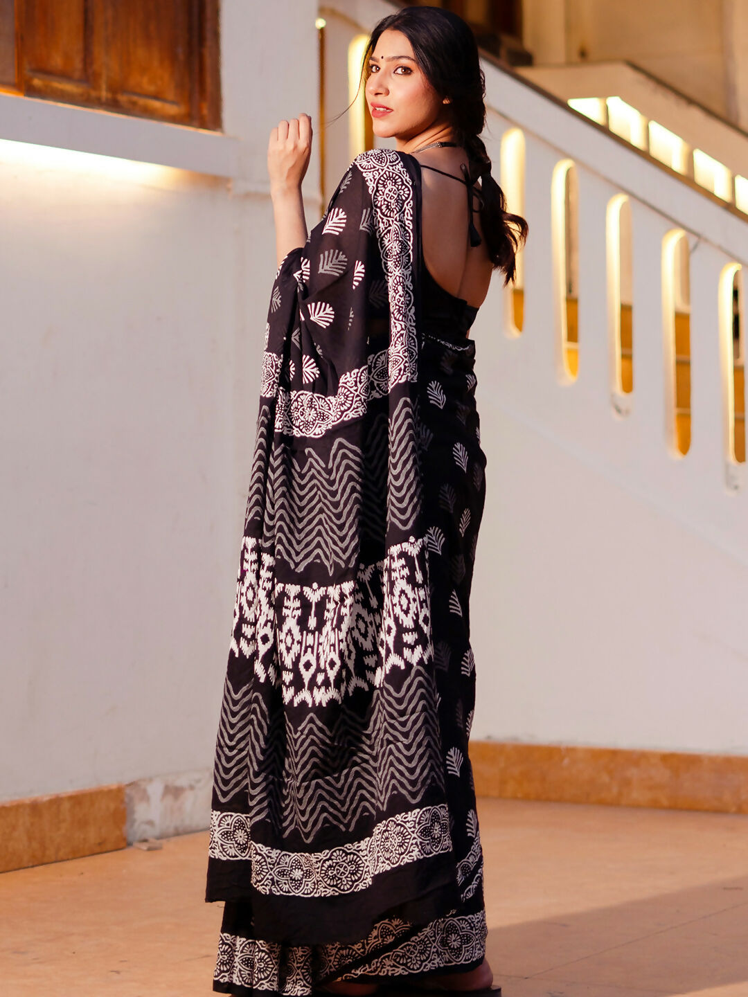 Zibaa Hand-Blocked Pure Mul Cotton Black Saree