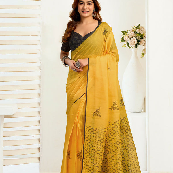Vastranavya Mustard Digital Printed Linen Ready To Wear Designer Saree with Unstitched Blouse - Distacart