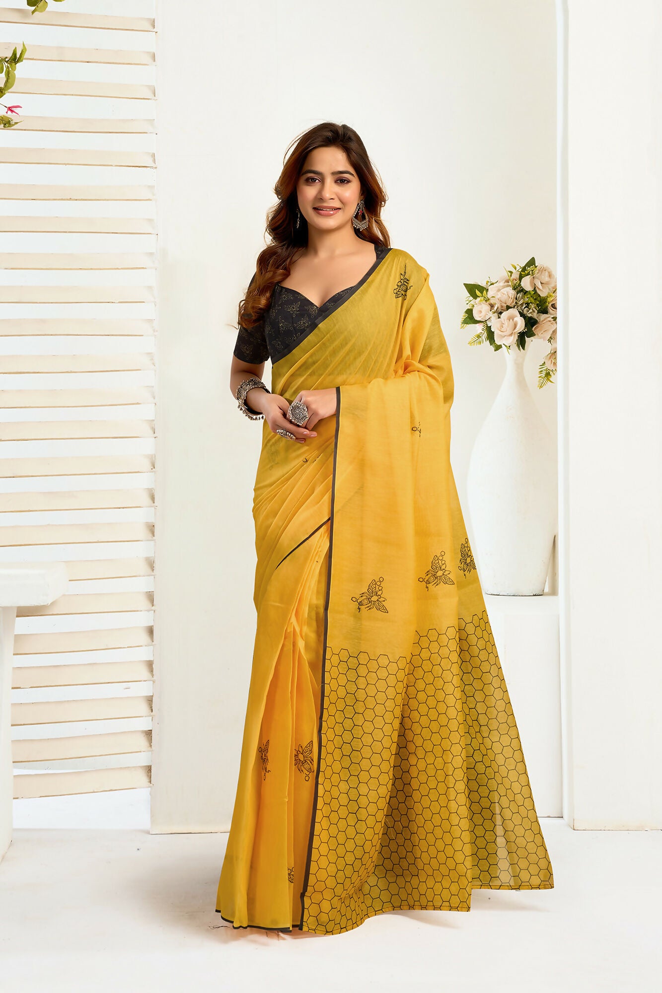 Vastranavya Mustard Digital Printed Linen Ready To Wear Designer Saree with Unstitched Blouse - Distacart
