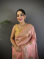 Thumbnail for Joban Fashion Baby Pink Handloom Banarasi Organza Silk Khatali Butta Work Saree - Distacart