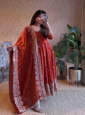 Teeya Creation Vibrant Orange Heavy Border Gher Anarkali Suit For Women - Dista