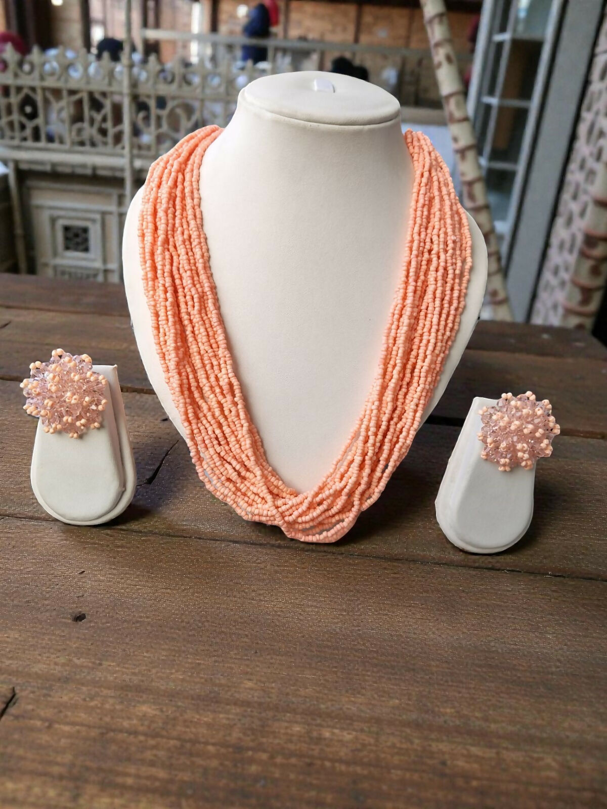 Inhanns Vibrant Handmade 20 Layers Beaded Necklace With Matching Earrings - Light Peach - Distacart