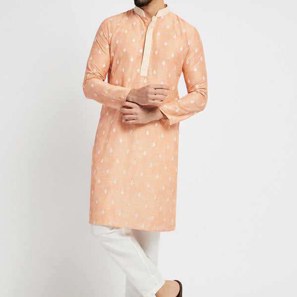 Ethnic India Orange Men's Kurta Ethnic Motifs Polyester - Distacart