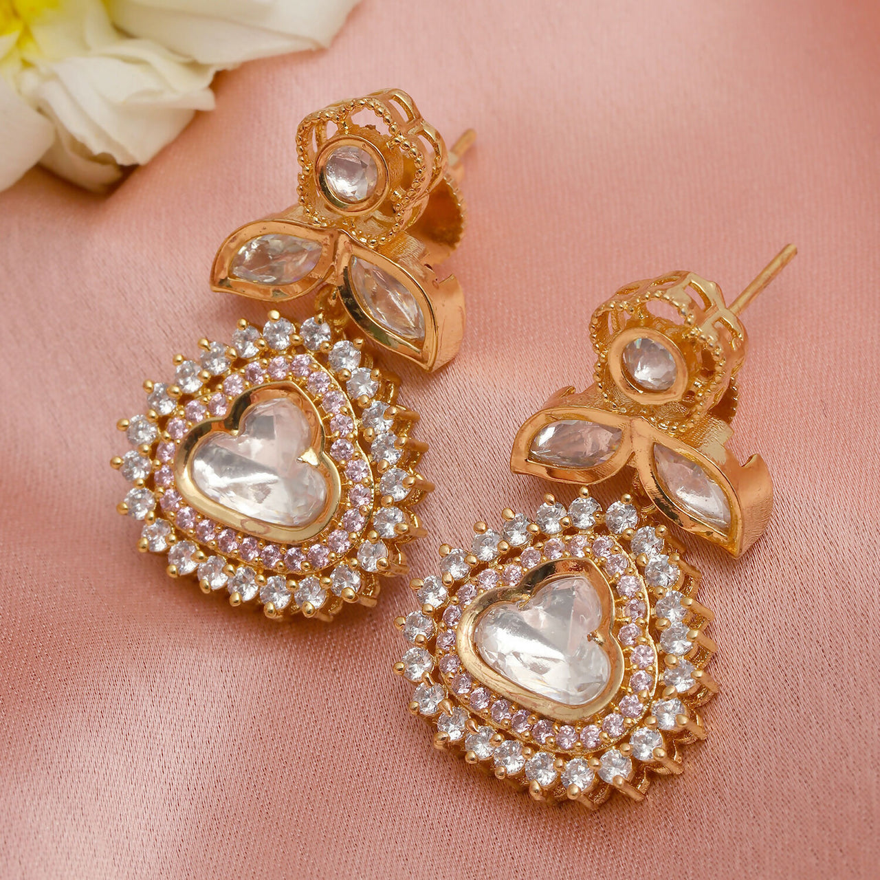 Kundan and Diamond with Pink Stones Dangler Earrings (Gold) - Ruby Raang - Distacart