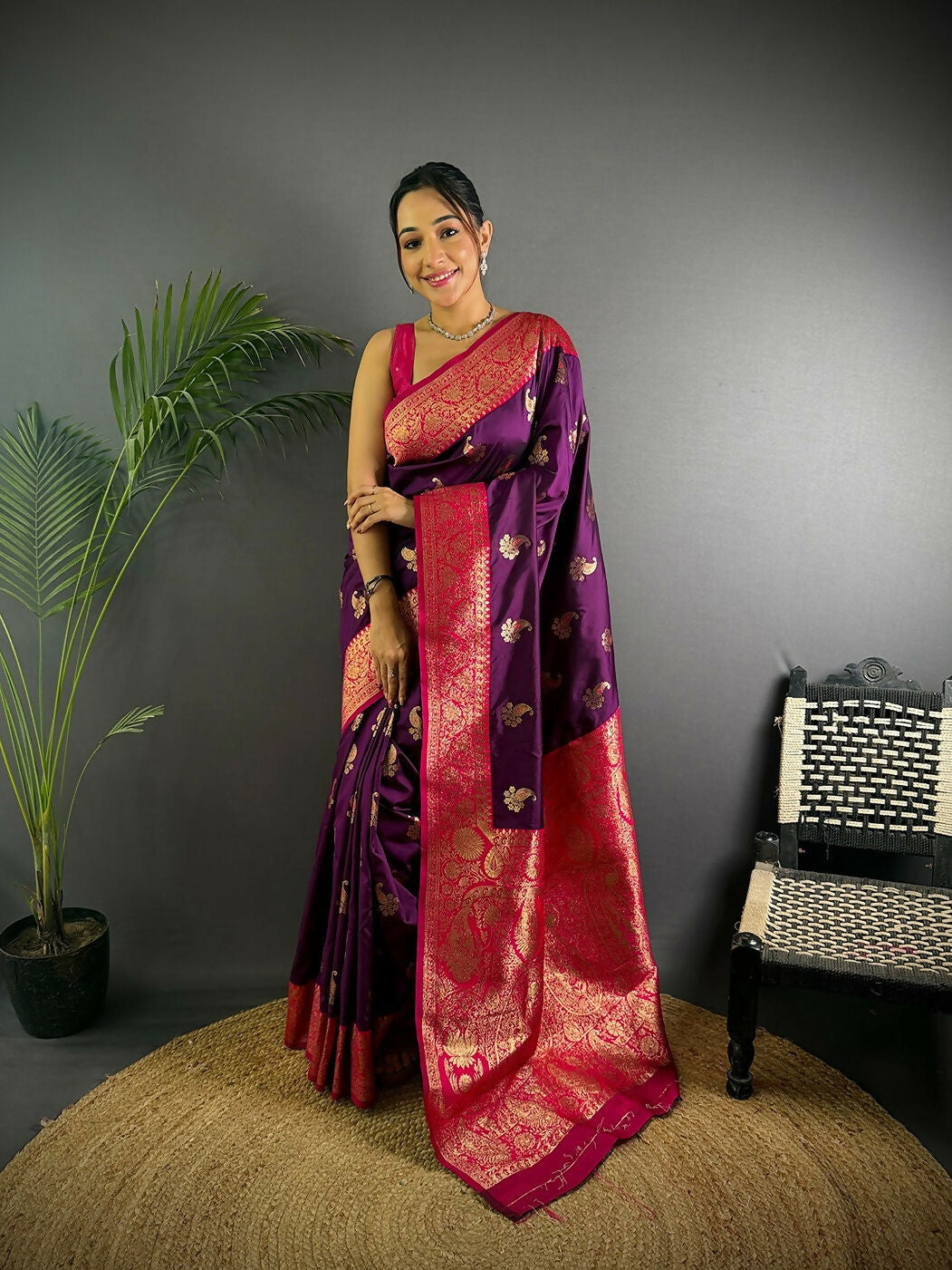 Joban Fashion Banarasi Purple Woven Butti Soft Silk Saree