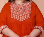 Thumbnail for Miravan Womens Plus Size Floral Embroidered Rust Straight Cotton Kurta & Palazzo With Dupatta Set - Distacart