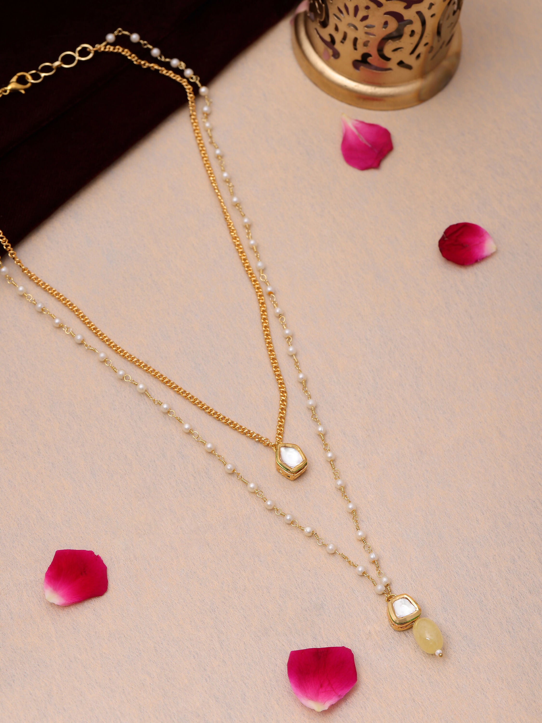 Ruby Raang Double Layered Yellow Onyx and Kundan Necklace