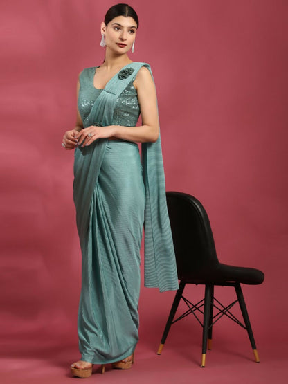 Sea Green Imported Crush Lycra Texture Pattern Ready to Wear Saree with stitched Blouse - Nirvana - Distacart