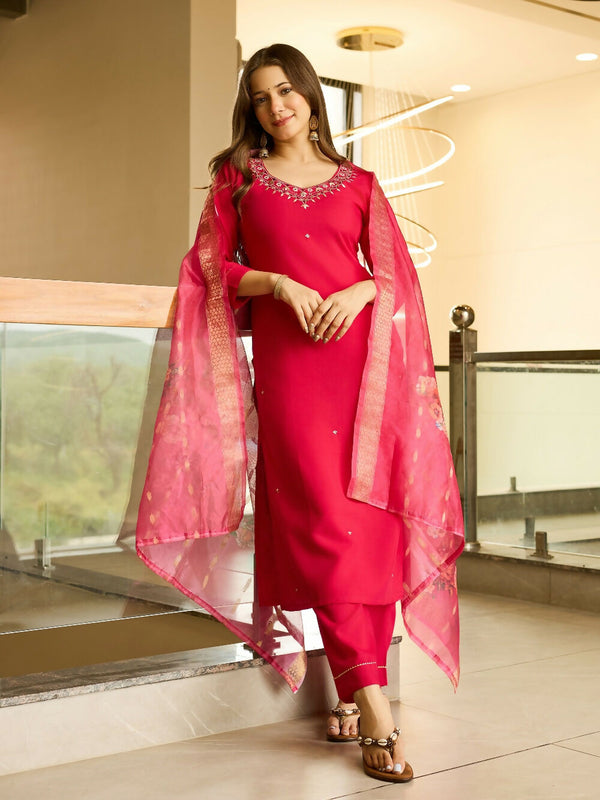 Divine Drape Women's Viscose Embroidered Straight Kurta Pant With Dupatta - Red