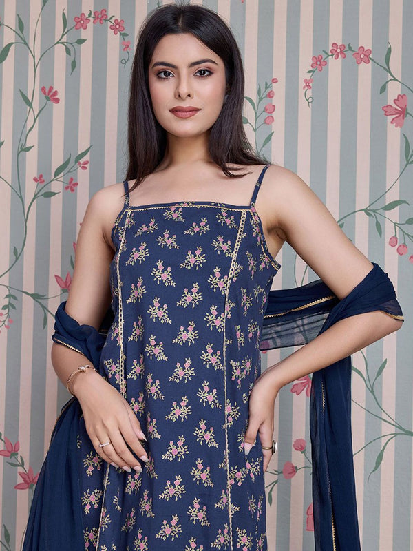 Ode by House of Pataudi Floral Printed Gotta Patti Pure Cotton Anarkali Kurta Set - Distacart
