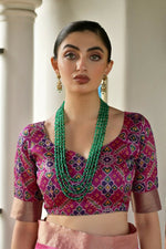 Thumbnail for Vishnu Weaves Women's Pink Raw Silk Patola Zari Woven Saree with Blouse