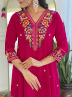 Thumbnail for The52 Rani Women's Beautiful Embroidered Work Vichitra Silk Fabric Straight Kurta Pant and Dupatta Set - Distacart
