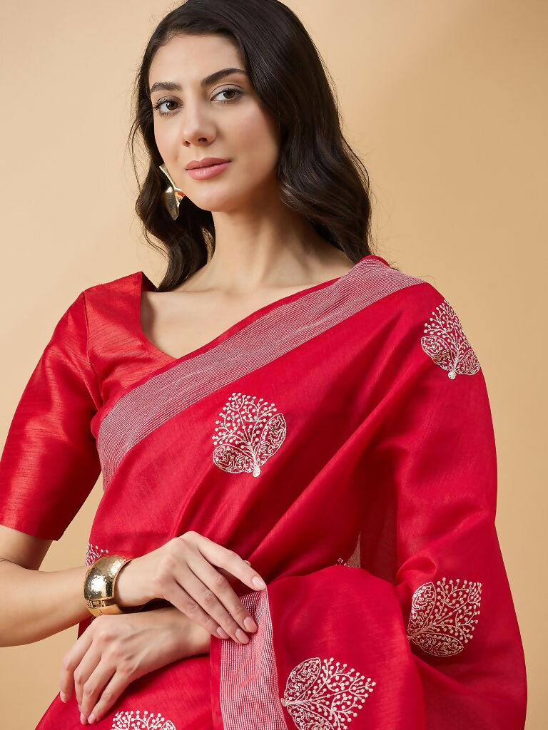 Red Cotton Blend Thread Embroidered Saree with Unstitched Blouse - Satya - Distacart