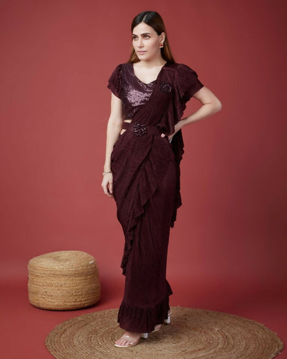 Wine Imported Crush Solid Ready to Wear Saree with stitched Blouse - Aayan - Distacart